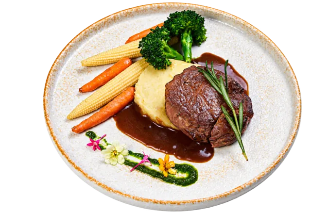 Tenderloin steak with mashed potato and vegetables